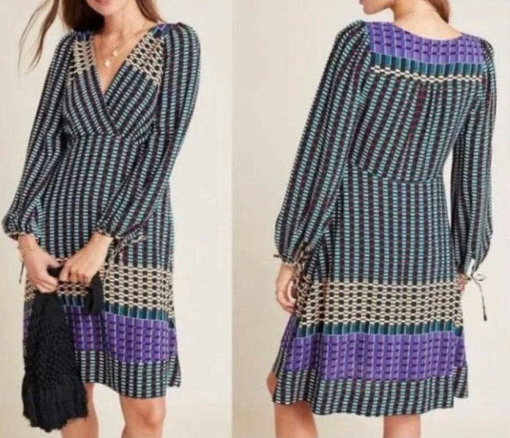 Maeve Anthropologie Long Sleeve V-Neck A-line Dress Geometric US 6 UK10
